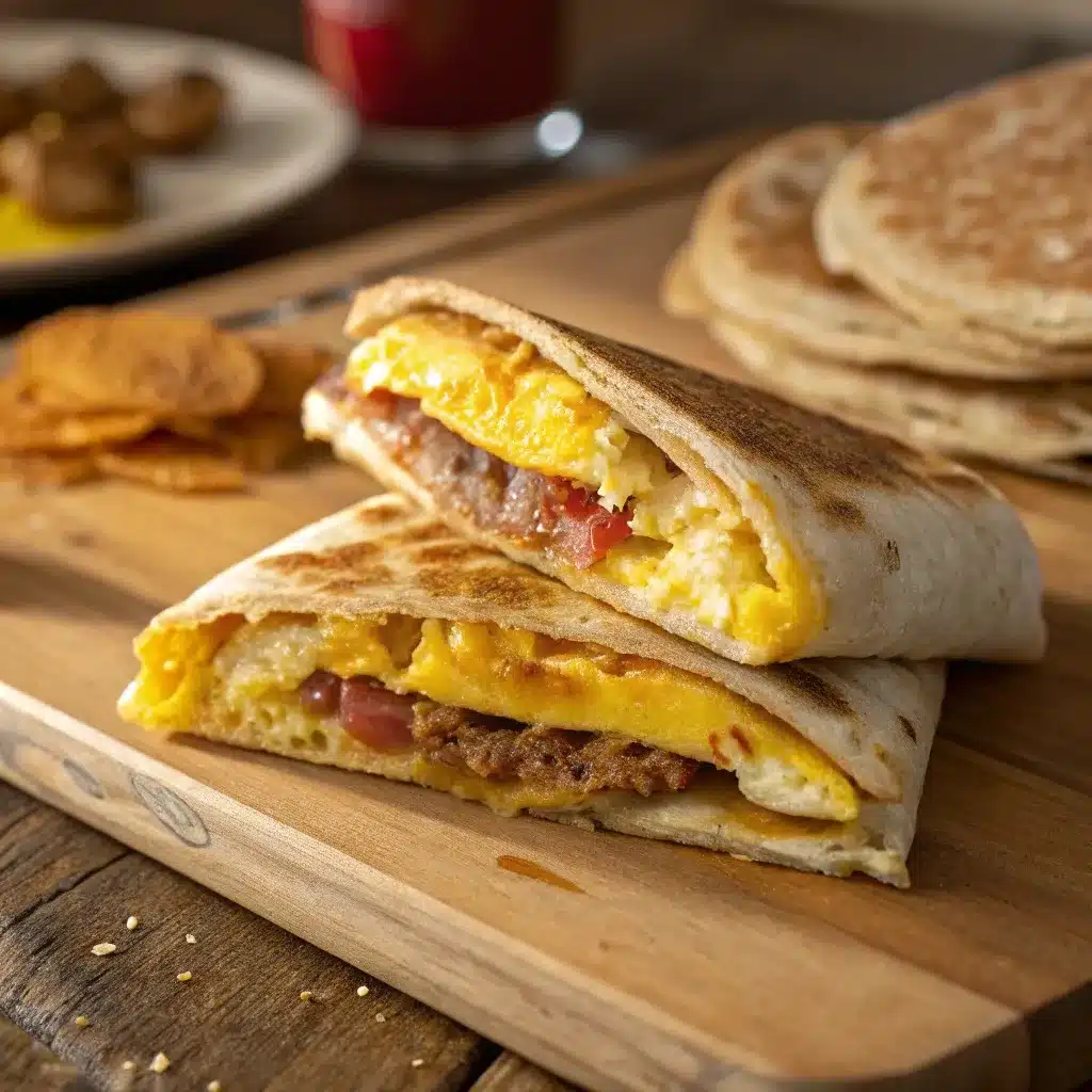 A stack of sliced High Protein Crunchwrap Breakfast showing layers of eggs, cheese, and hashbrowns.