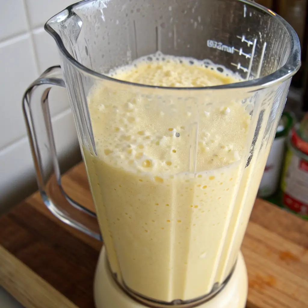 A blender pitcher filled with the smooth high-protein custard mixture for french toast.