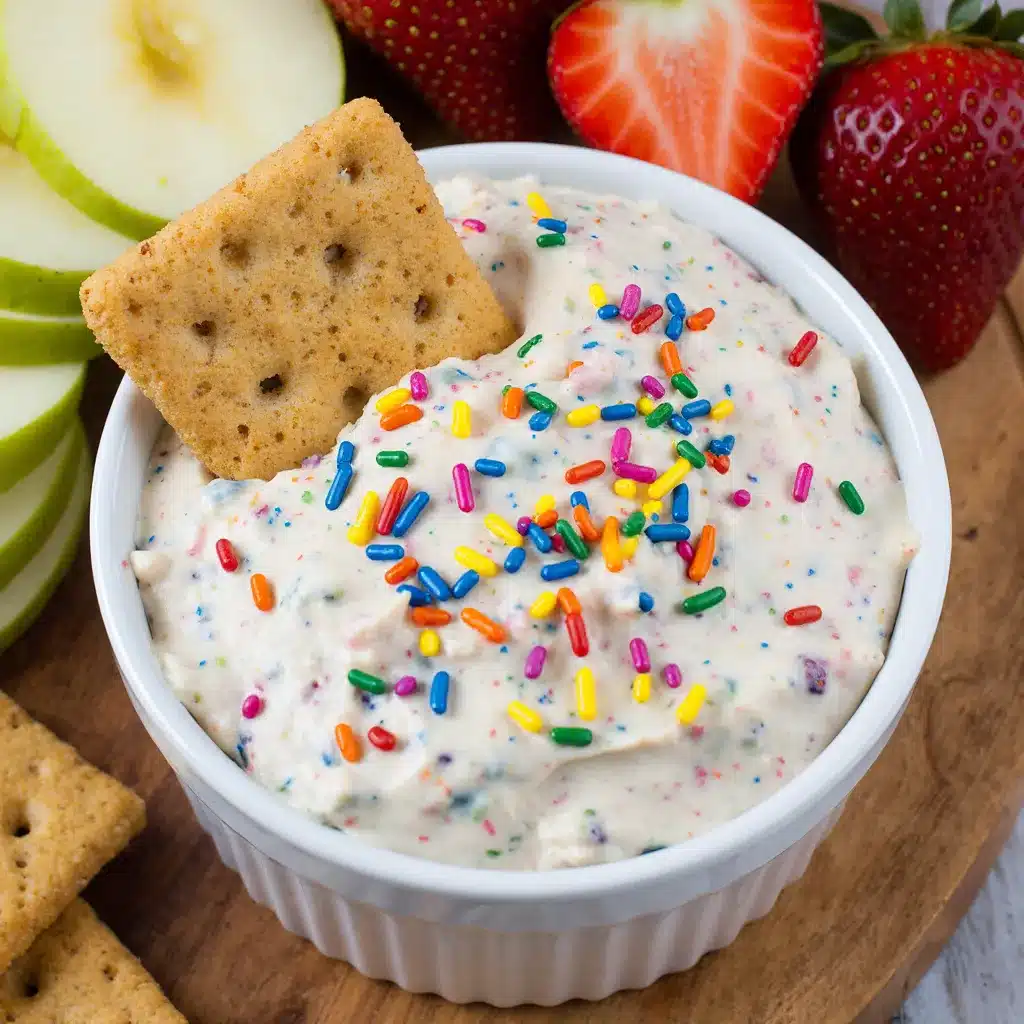 A bowl of creamy high protein dunkaroo dip with sprinkles, served with animal crackers and fruit.