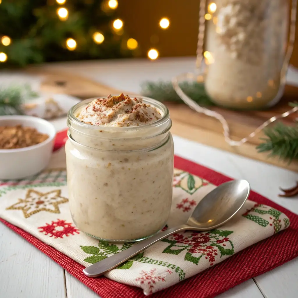 A ready-to-eat jar of eggnog overnight oats with a spoon.