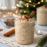 A mason jar filled with creamy High Protein eggnog overnight oats topped with nutmeg and a cinnamon stick.