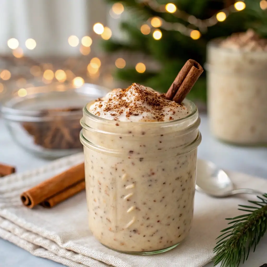 A mason jar filled with creamy High Protein eggnog overnight oats topped with nutmeg and a cinnamon stick.