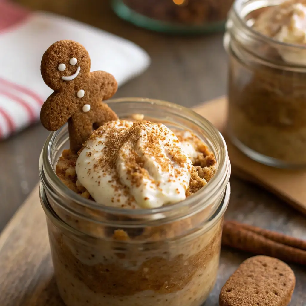 A jar of high protein gingerbread overnight oats topped with yogurt and a gingerbread cookie.
