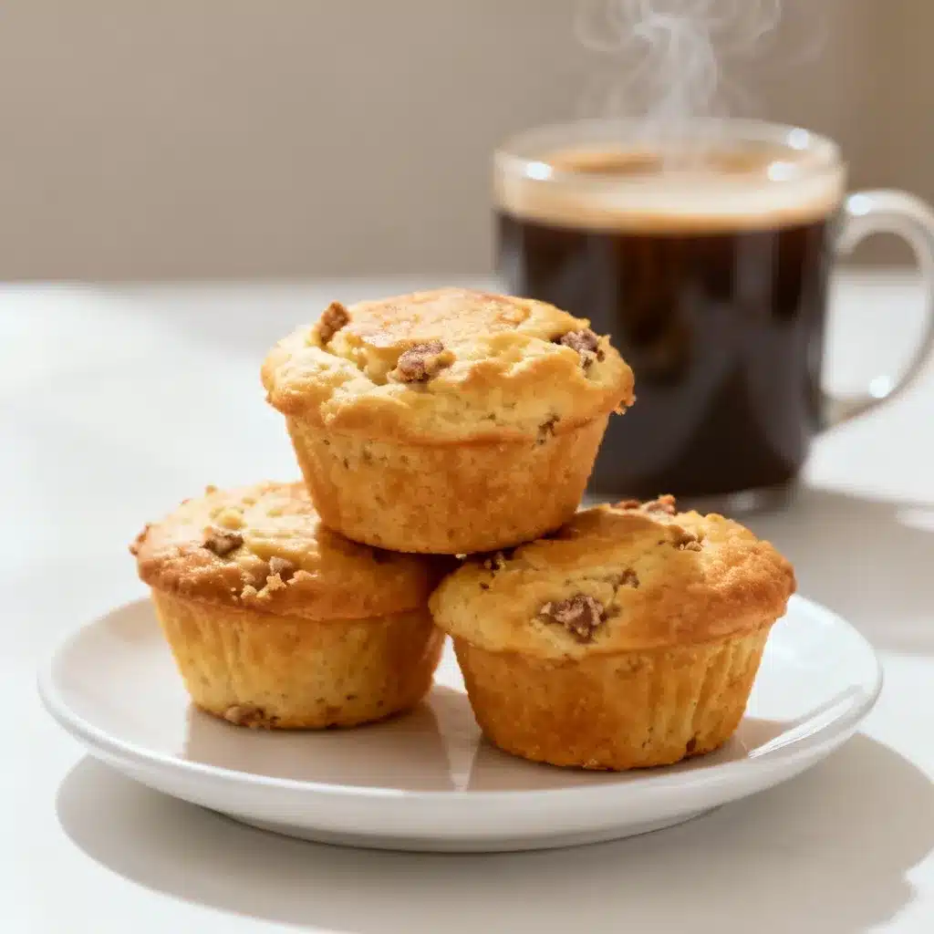 A stack of three high protein mcgriddle bites (muffins) on a white plate, served with a mug of coffee.
