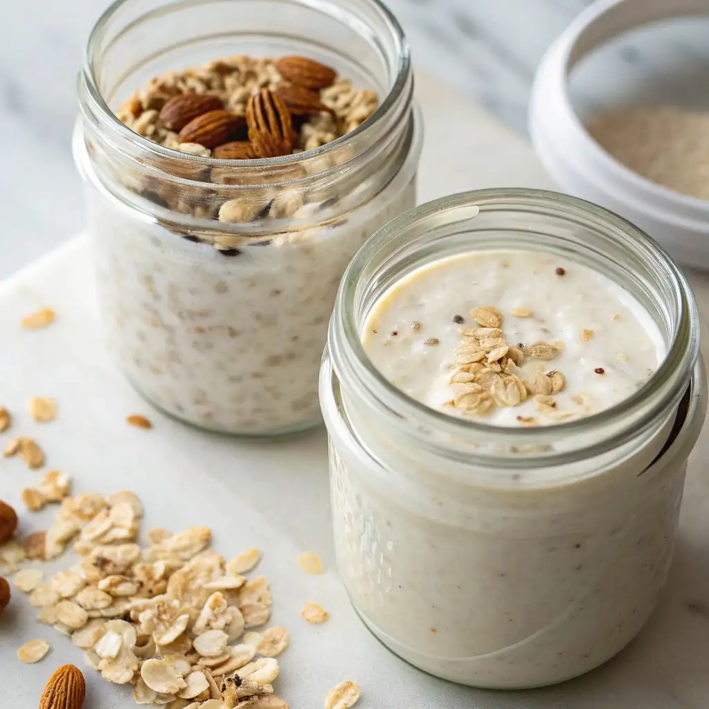 Two jars of high protein overnight oats, showing one made with protein powder and one made with Greek yogurt.