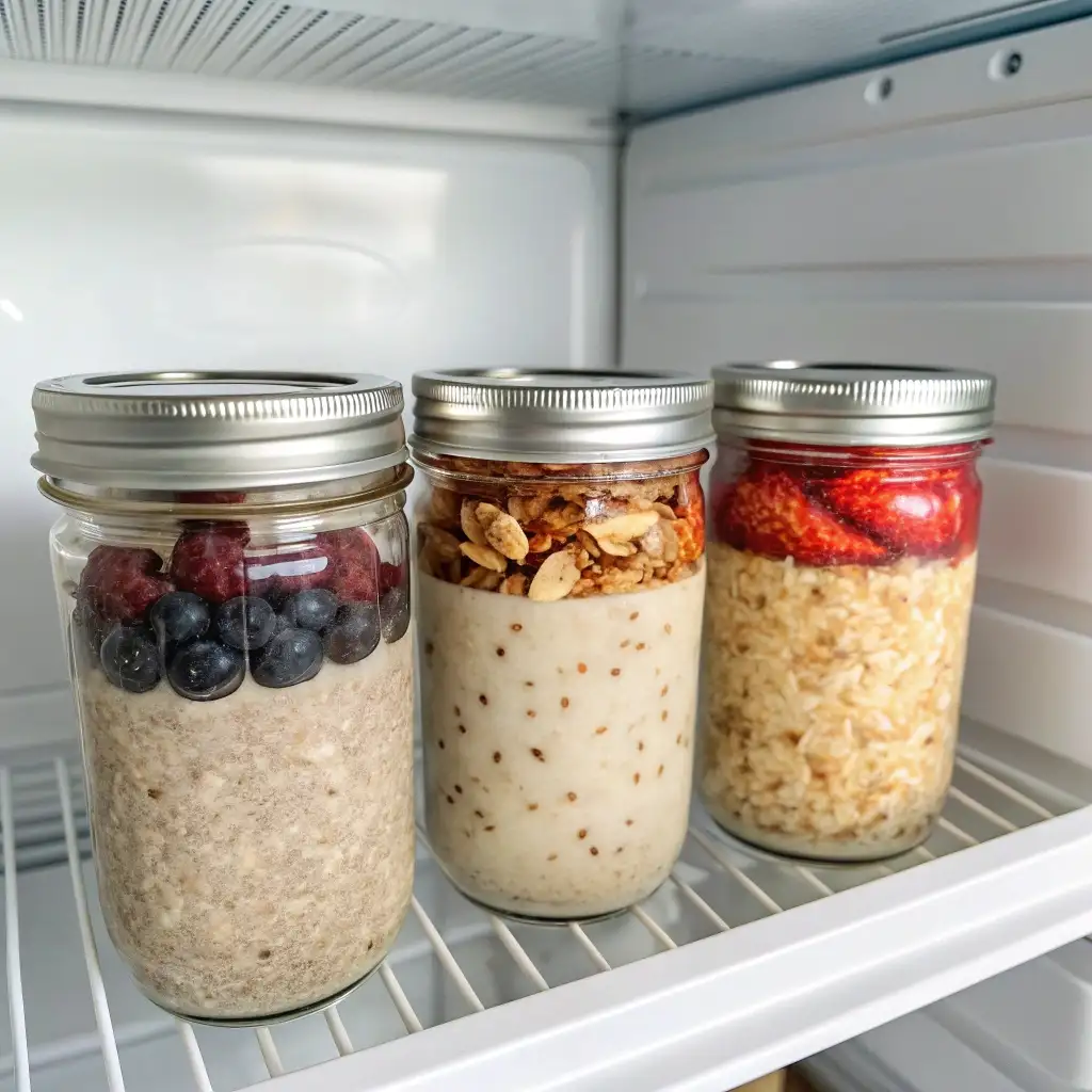 Three jars of high protein overnight oats lined up in a refrigerator, showing an easy breakfast meal prep.