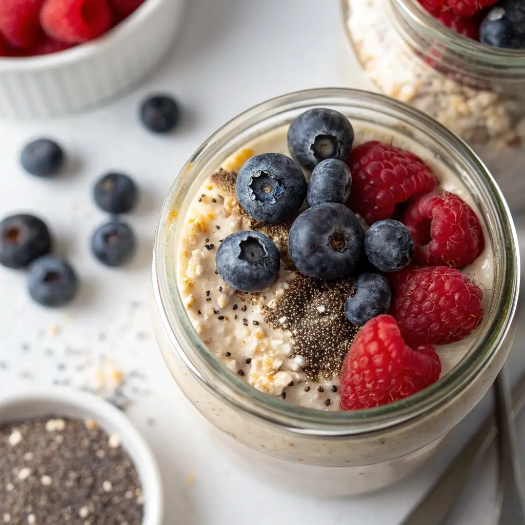 A top-down shot of a glass jar of high protein overnight oats, topped with fresh mixed berries and chia seeds.