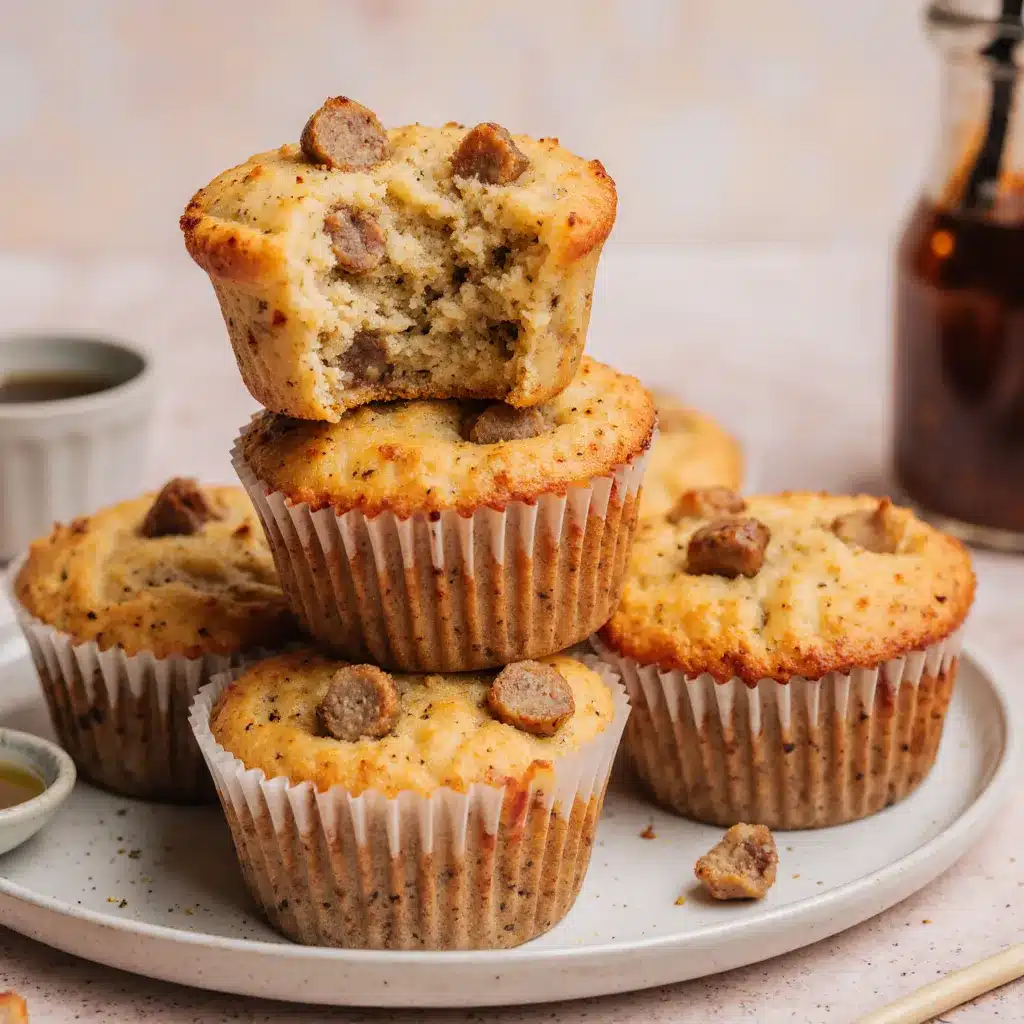 A close-up of high protein pancake sausage mini muffins on a plate, with one broken open to show the sausage and cheese.