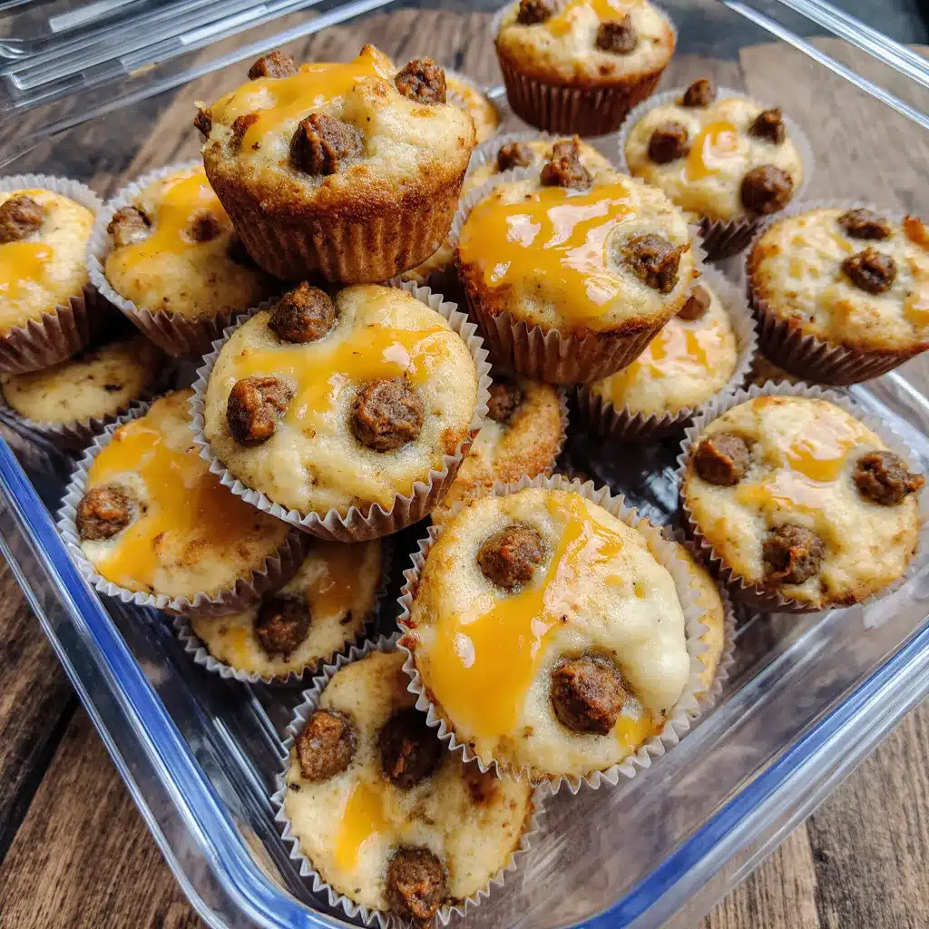 A clear plastic meal prep container filled with cheesy-top high protein pancake sausage mini muffins.