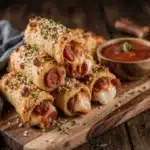 A stack of golden brown high protein pepperoni pizza rolls with melted cheese and turkey pepperoni.