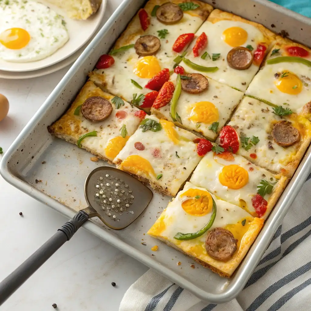 A full sheet pan of baked eggs, sausage, and cheese, being cut into rectangles for high protein sheet pan breakfast burritos.