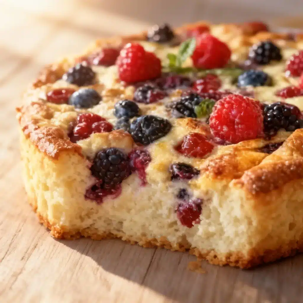 Close-up hero shot of a high protein triple berry bake with juicy mixed berries