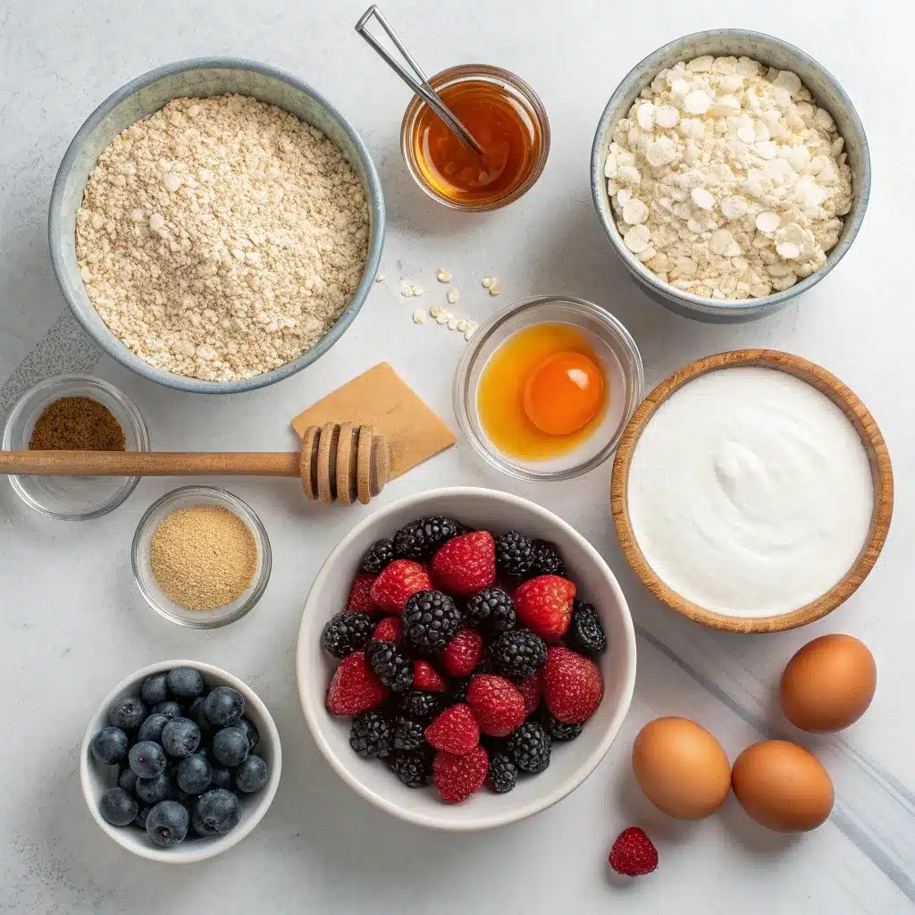 Flat lay of oats, yogurt, eggs, berries, and ingredients for high protein triple berry bake