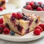 Slice of high protein triple berry bake showing juicy berry-filled interior