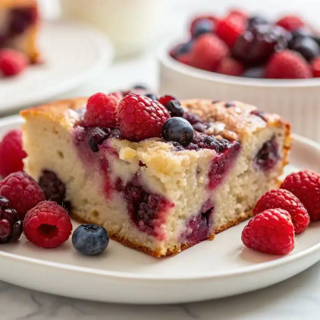 Slice of high protein triple berry bake showing juicy berry-filled interior