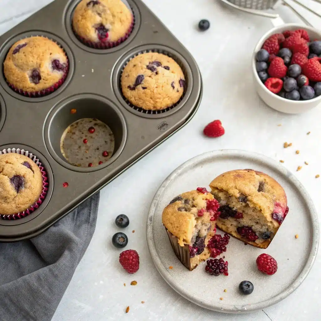 Triple berry high protein muffins in a tin with one sliced open