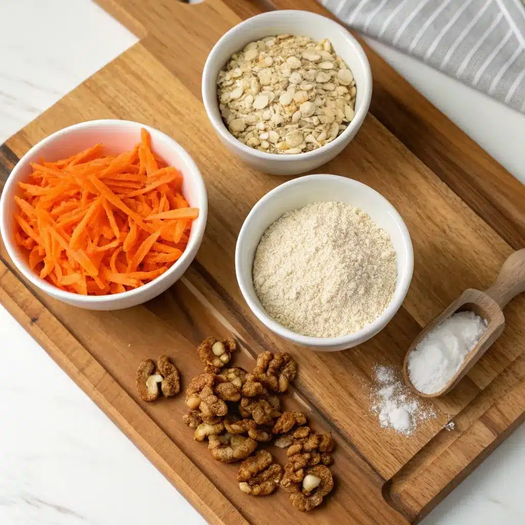 Ingredients for high protein carrot cake baked oatmeal: oats, carrots, protein powder, and walnuts laid out on a cutting board.