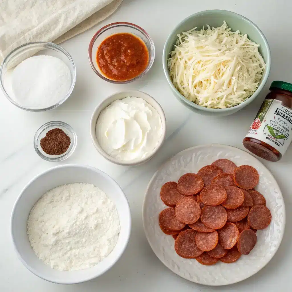 Ingredients for high protein pizza rolls: Greek yogurt, flour, turkey pepperoni, cheese, and sauce.