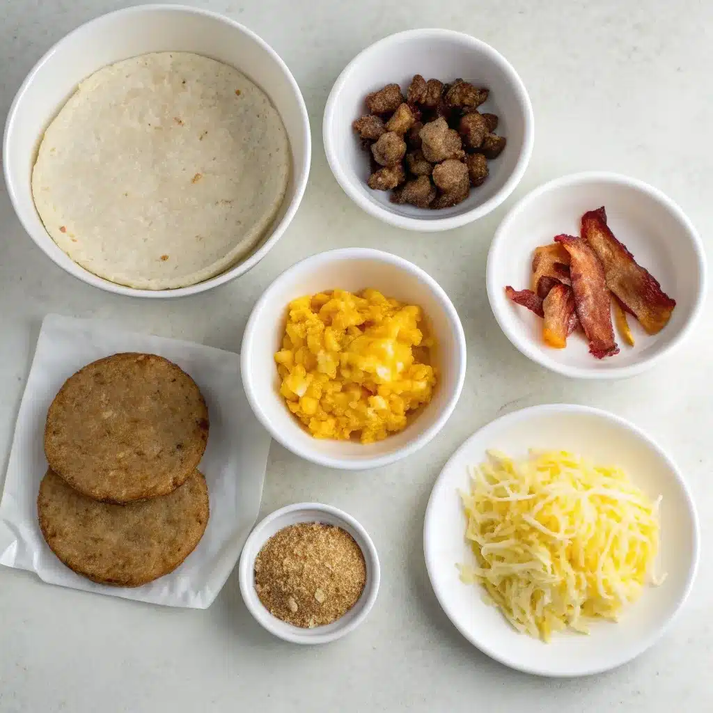 Ingredients for a breakfast crunchwrap including tortillas, hashbrown, eggs, cheese, and bacon.