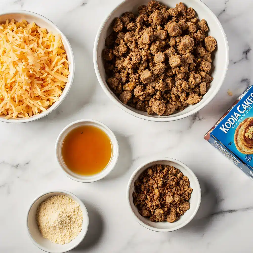 Ingredients for high protein pancake sausage muffins: Kodiak Cakes mix, cooked sausage, and shredded cheddar cheese.