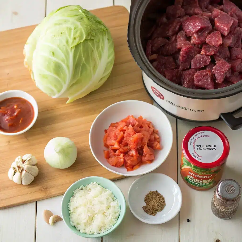 Uncooked ingredients for unstuffed cabbage rolls laid out with cabbage, meat, and tomatoes.