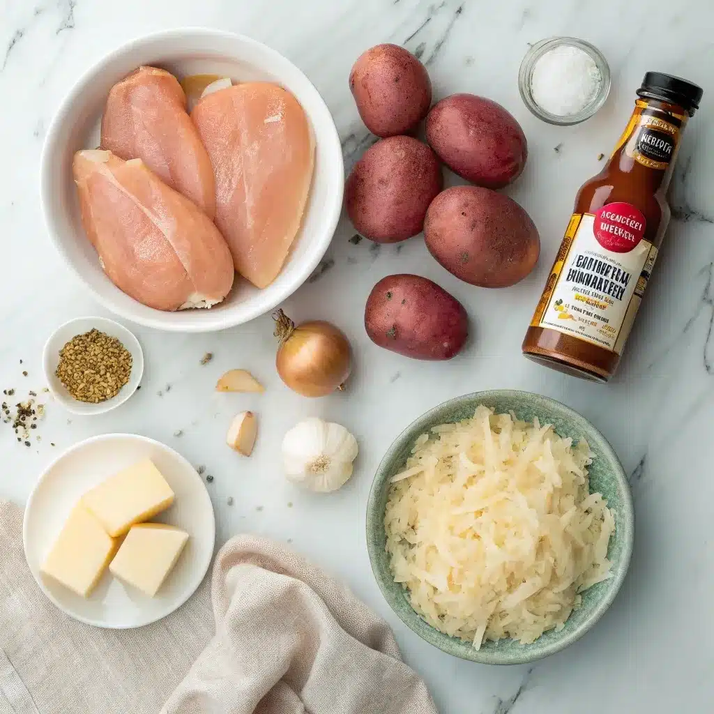 Ingredients for garlic parmesan crockpot chicken and potatoes including chicken, potatoes, garlic, cheese, and sauce