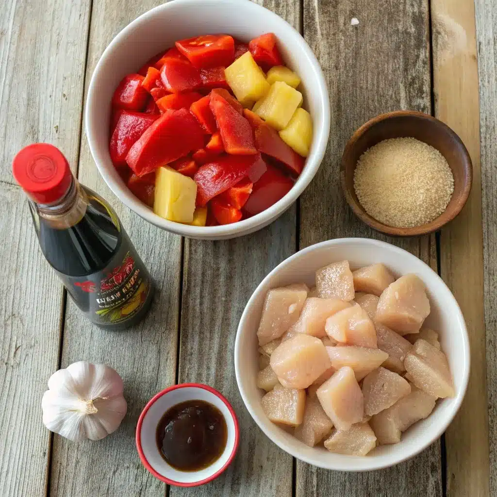 Ingredients for Sweet Hawaiian Crockpot Chicken including pineapple, bell pepper, and chicken