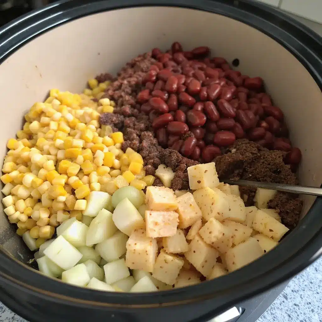 Layering cowboy casserole ingredients in a crockpot