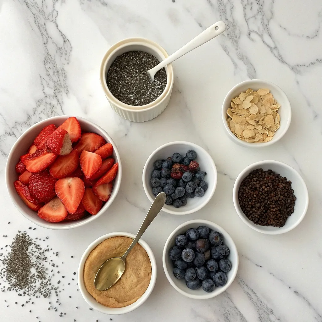 Small bowls of strawberries, blueberries, chia seeds, cacao nibs, and peanut butter arranged on a counter.