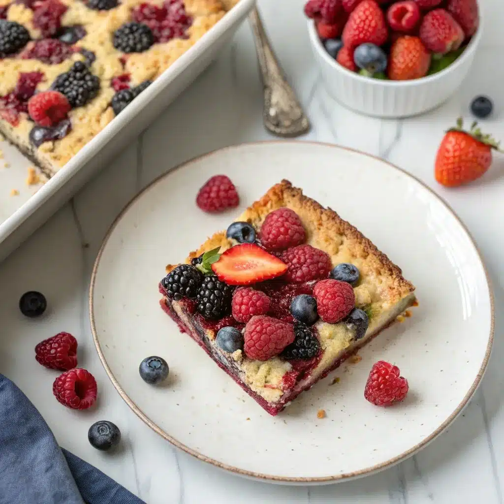 Low carb version of high protein triple berry bake in pan