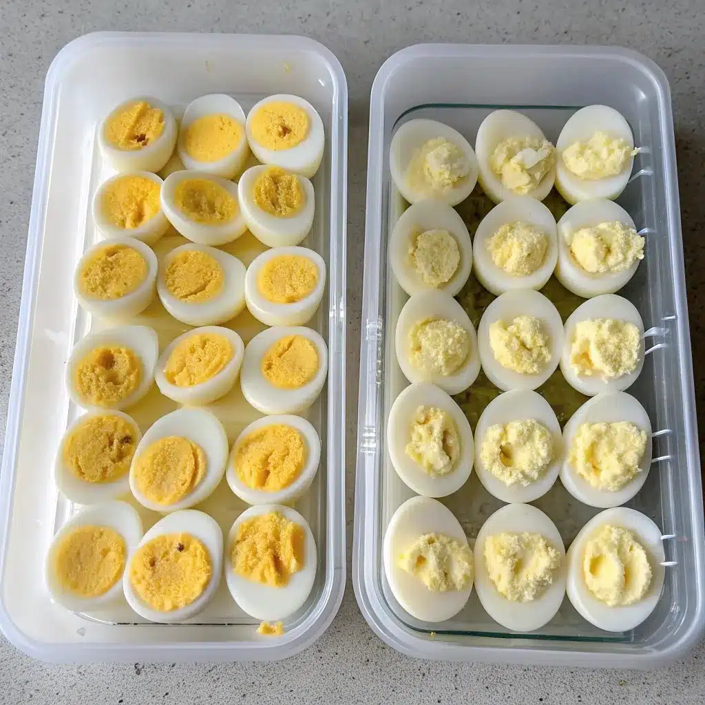 How to make deviled eggs ahead of time: storing the egg white halves and the yolk filling in two separate airtight containers.
