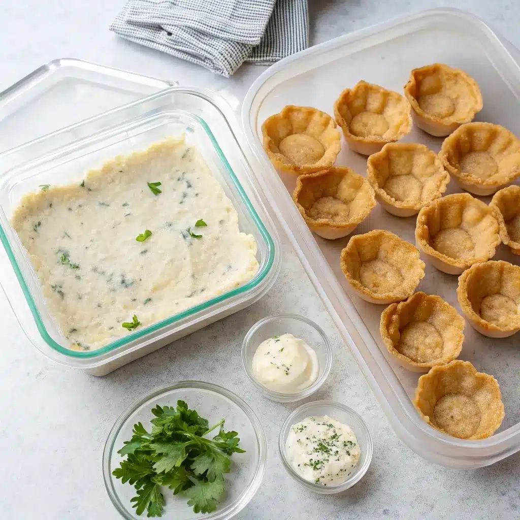 Two airtight containers showing how to make wonton cups ahead: one with the dip, and one with the empty, pre-baked cups.