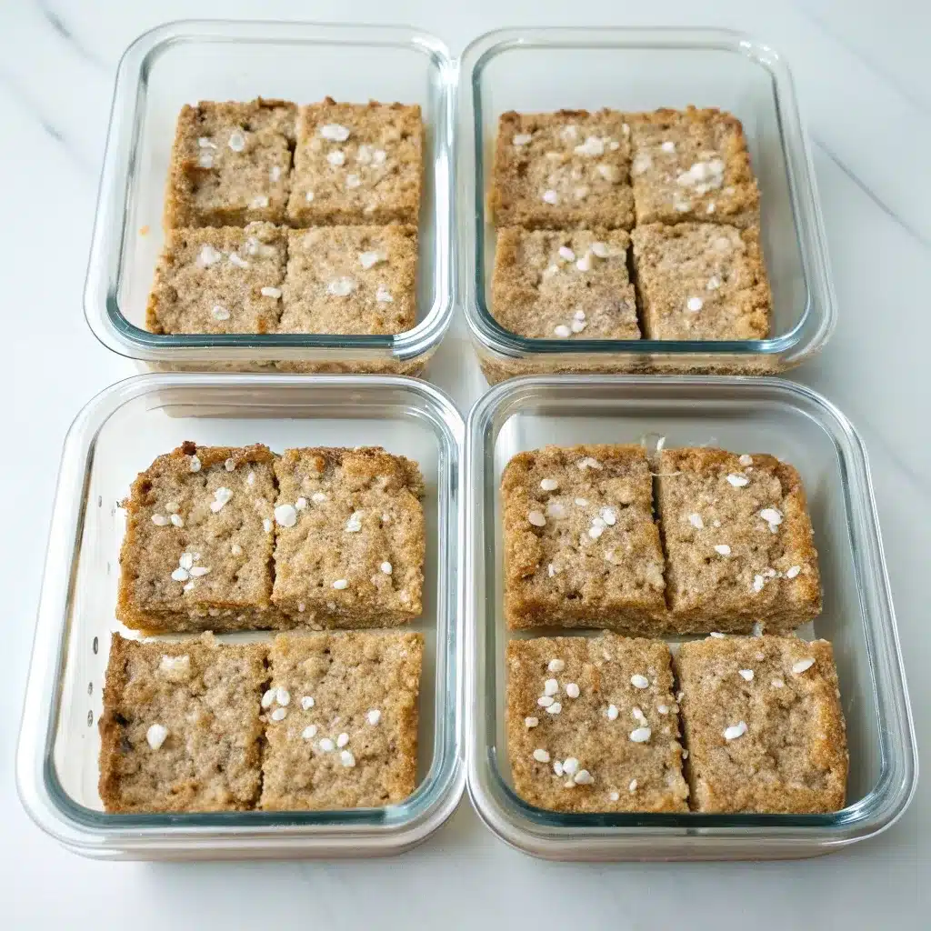 Glass meal prep containers filled with slices of cinnamon roll baked oatmeal.