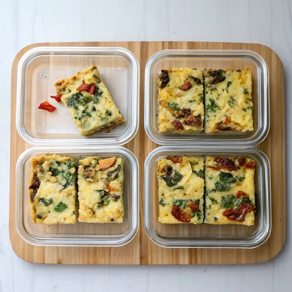 Glass meal prep containers filled with individual slices of cottage cheese egg bake.