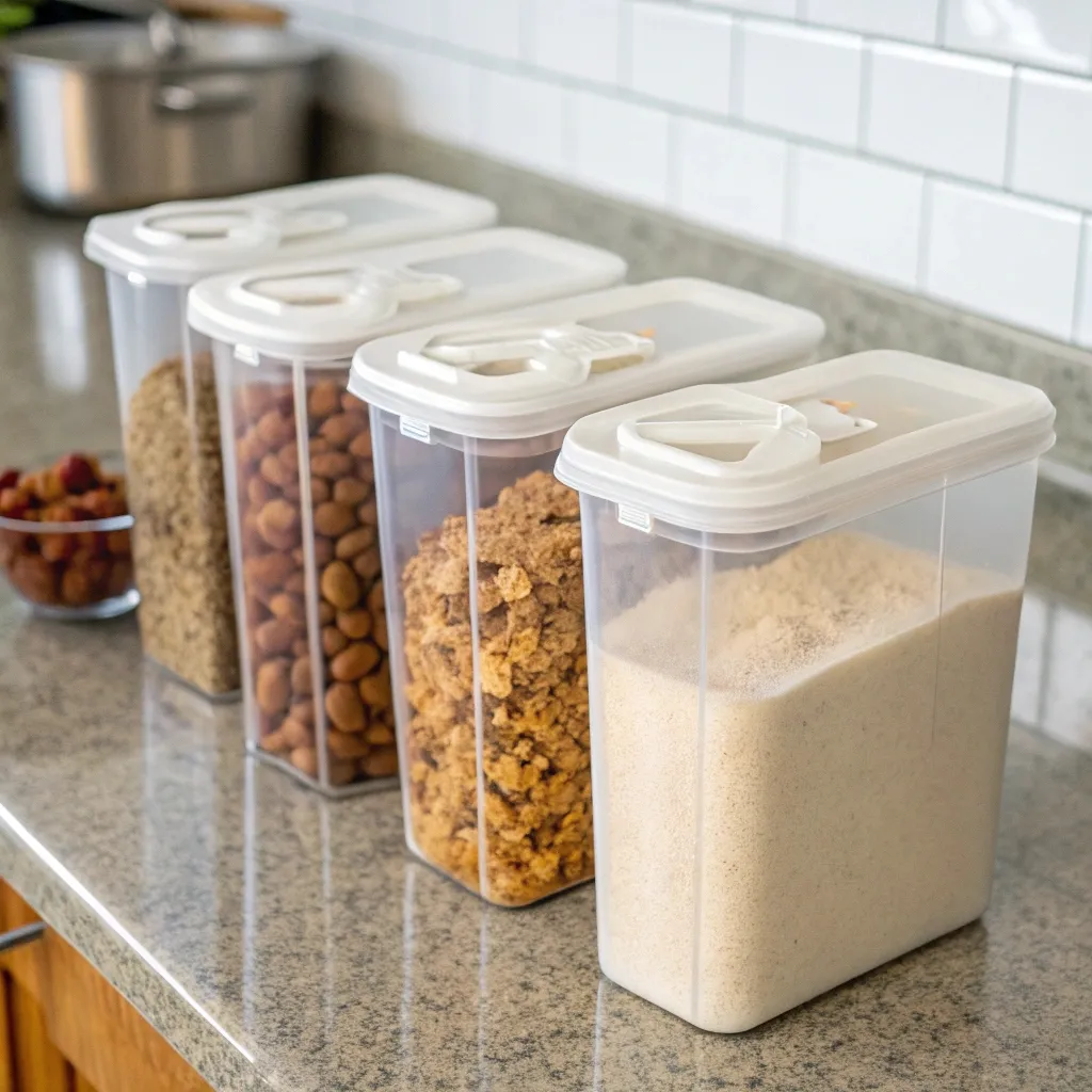Reusable containers filled with pre-portioned dry protein cereal and toppings for meal prep.