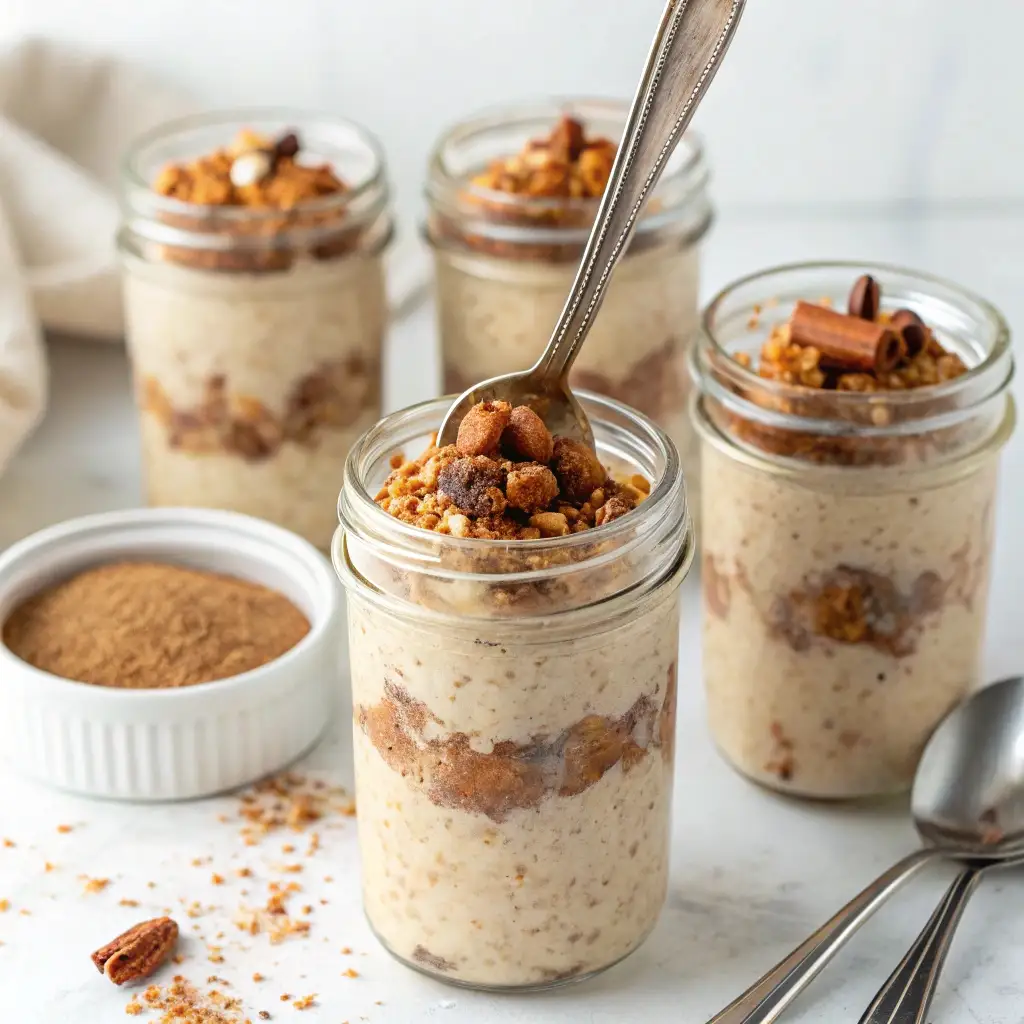 Four mason jars filled with gingerbread overnight oats lined up for meal prep.