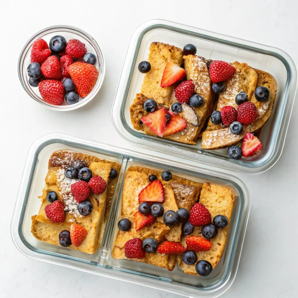 Glass meal prep containers filled with slices of protein french toast casserole and berries.