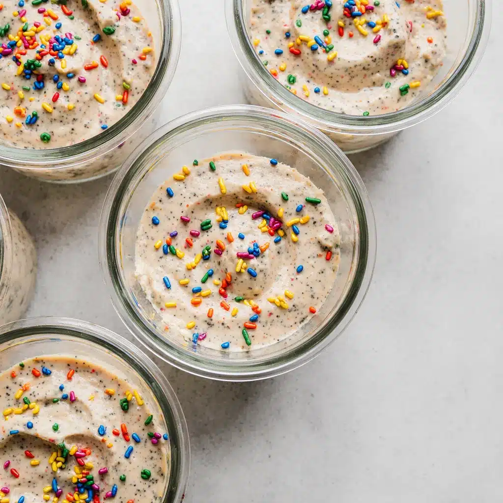 Small glass containers filled with protein dunkaroo dip for meal prep.