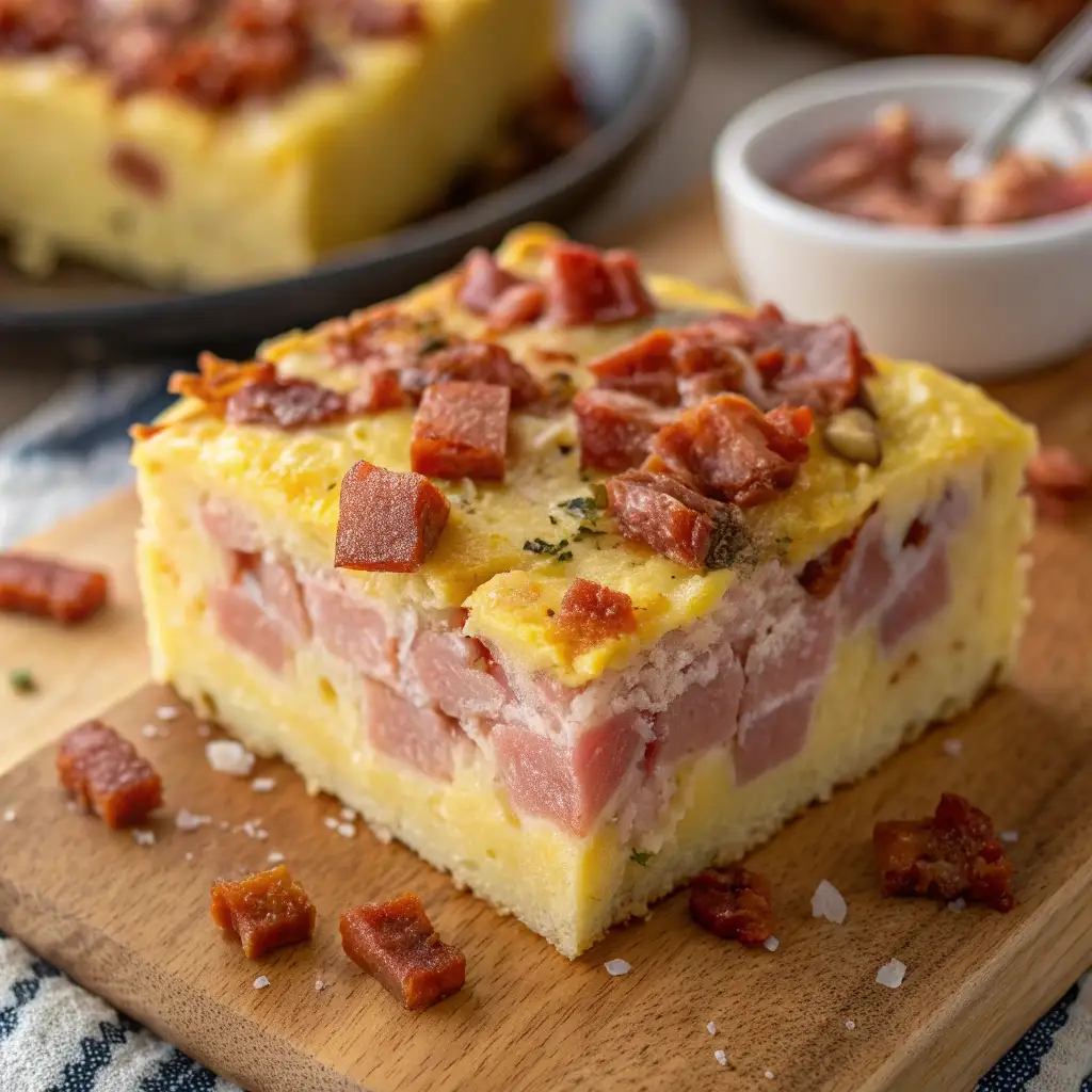 A dense slice of high protein egg bake filled with ham and bacon bits.