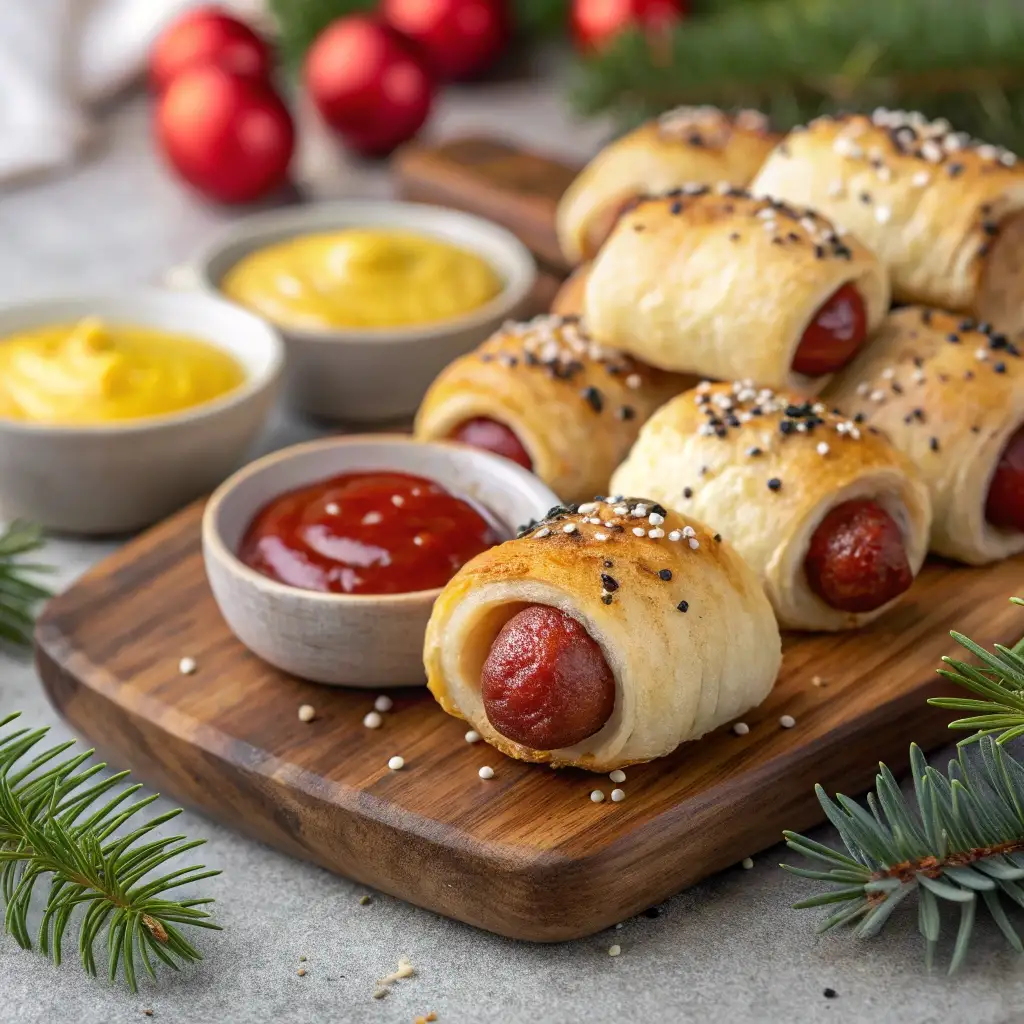 Mini pigs in a blanket sprinkled with everything bagel seasoning on a serving board