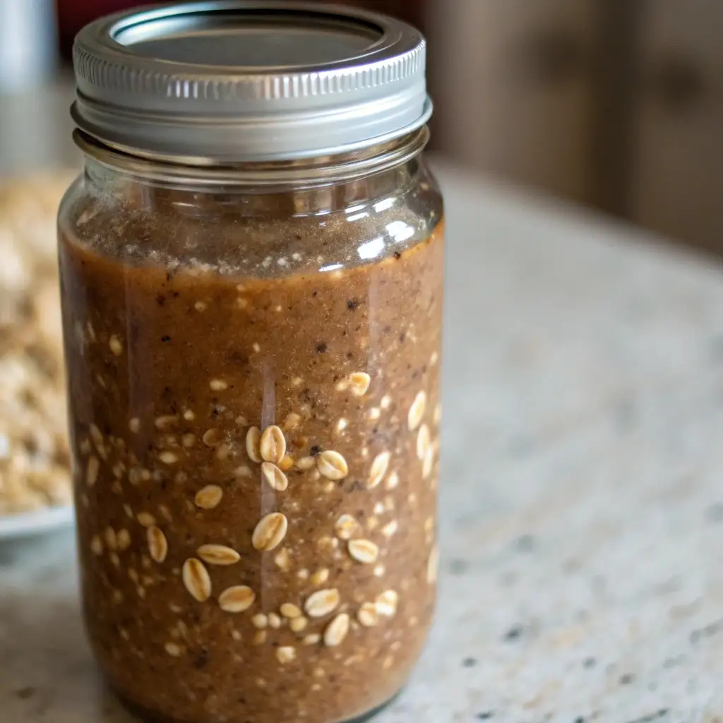 A sealed jar of mixed gingerbread overnight oats ready for the fridge.