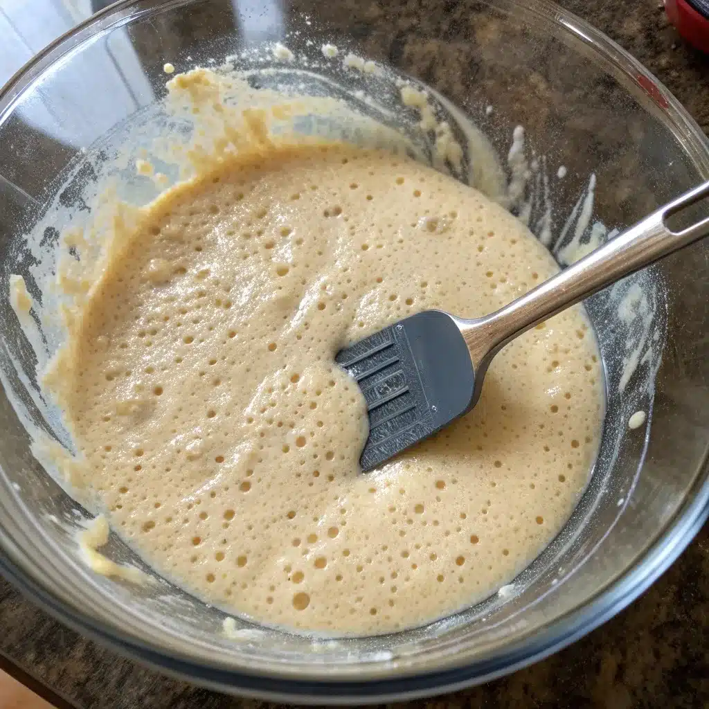 A large glass bowl with lumpy protein pancake batter, showing the correct "do not overmix" texture.