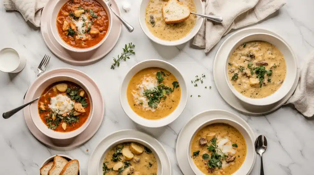 Overhead view of a modern table with an assortment of colorful soups — creamy tomato, baked potato, lasagna, pumpkin, and broccoli cheddar in minimalist bowls.