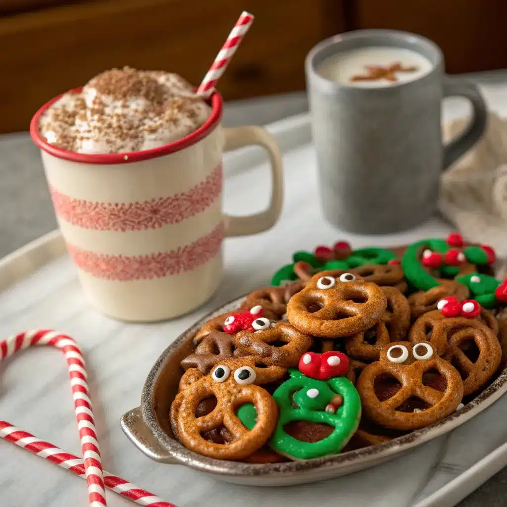 A platter of finished reindeer pretzel treats sitting next to a festive mug of hot cocoa.