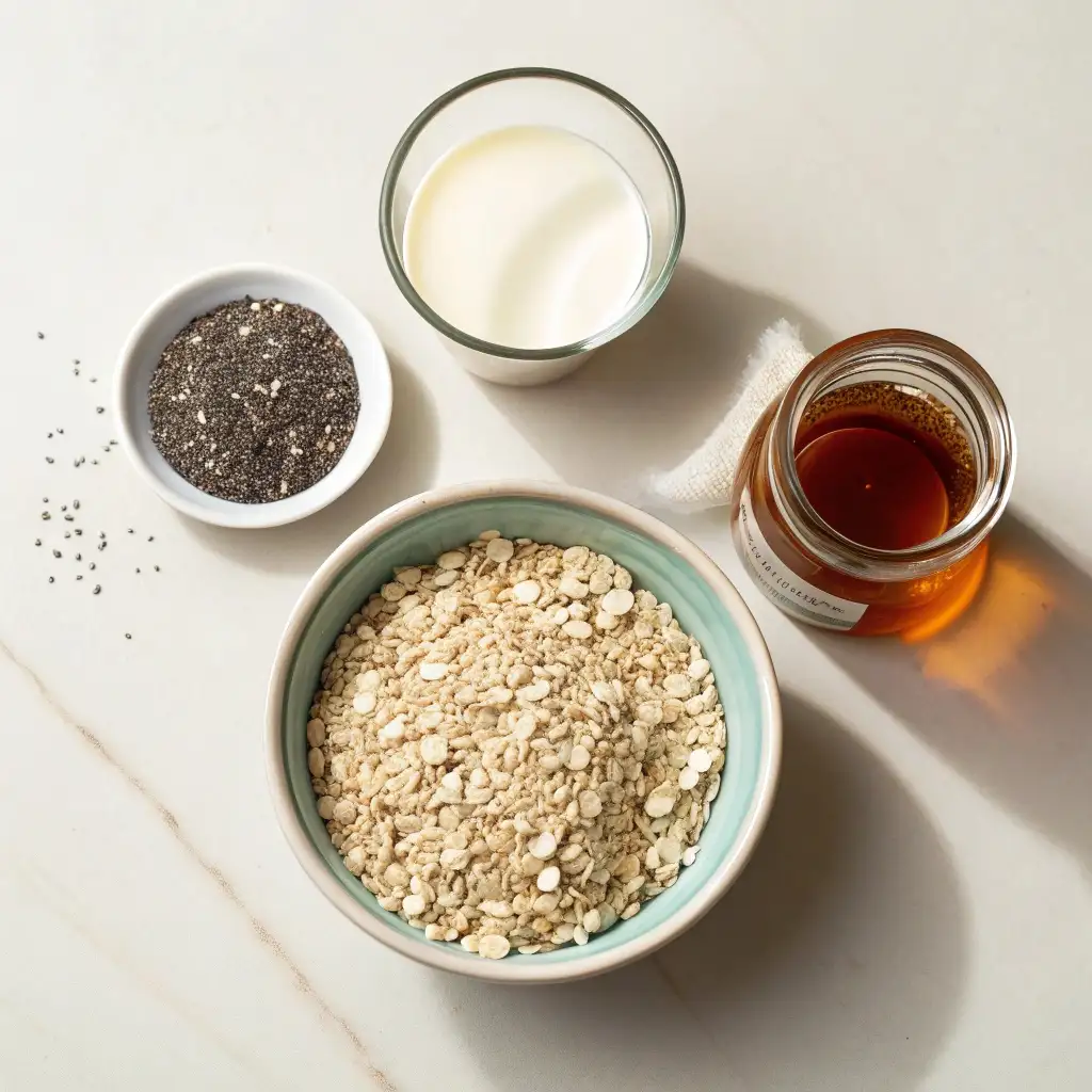 A flat lay of the 4 base ingredients for overnight oats: rolled oats, milk, chia seeds, and maple syrup.