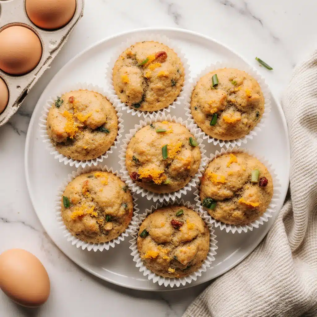 A plate of high protein pancake muffins with melted cheese and fresh green chives, shown in paper liners.