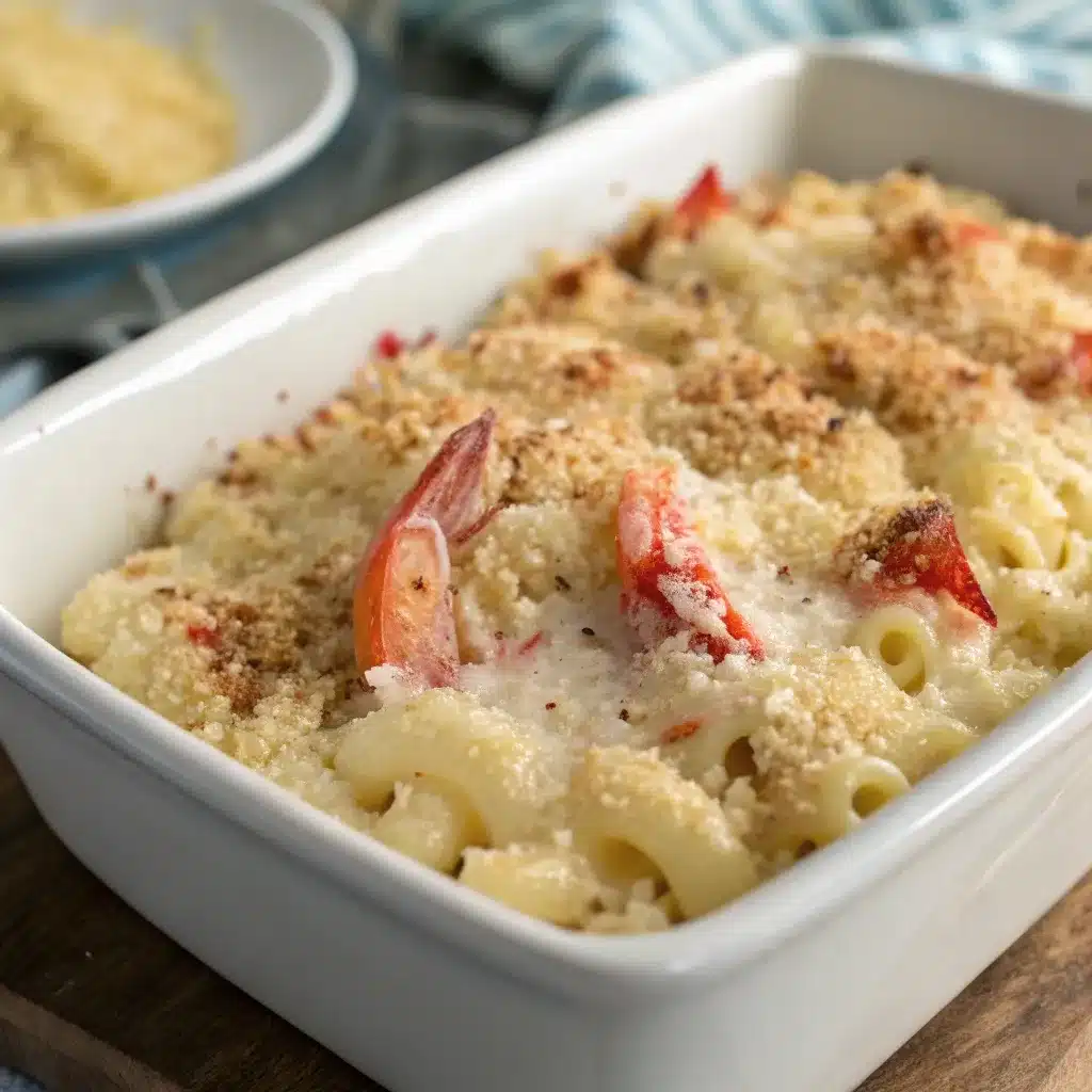 Unbaked mac topped with panko and parmesan.