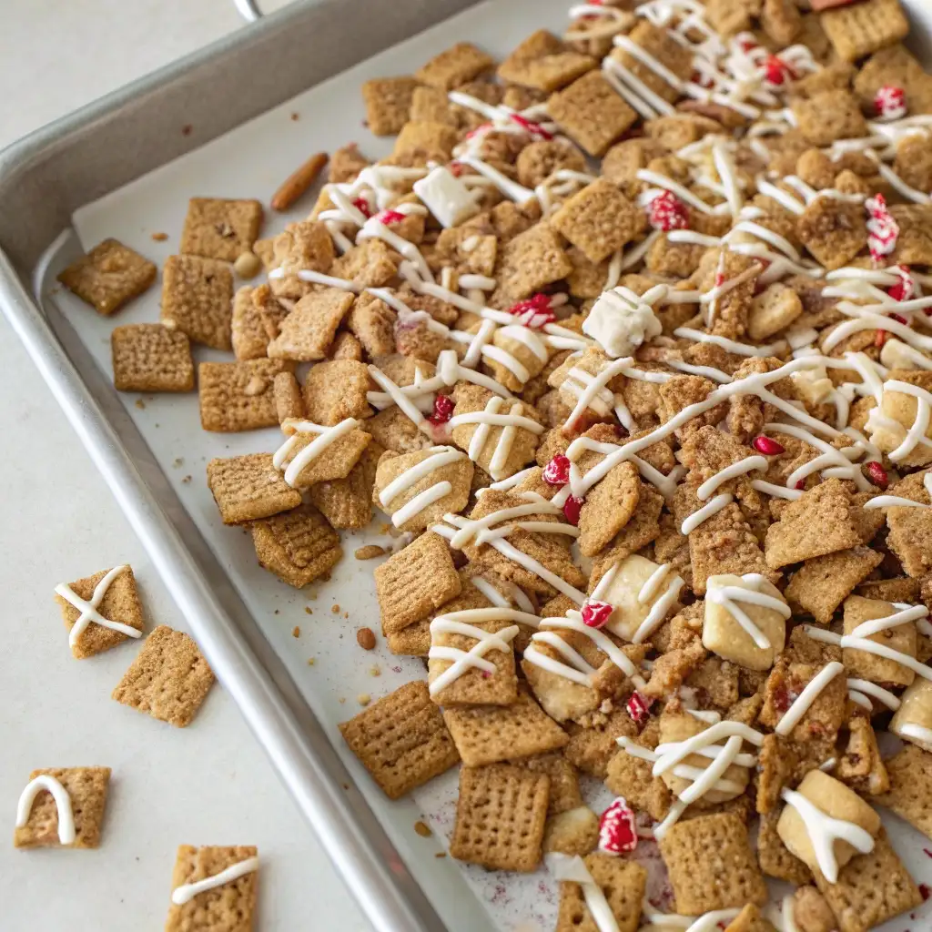 Classic peanut butter puppy chow drizzled with white chocolate and sprinkled with crushed candy canes.