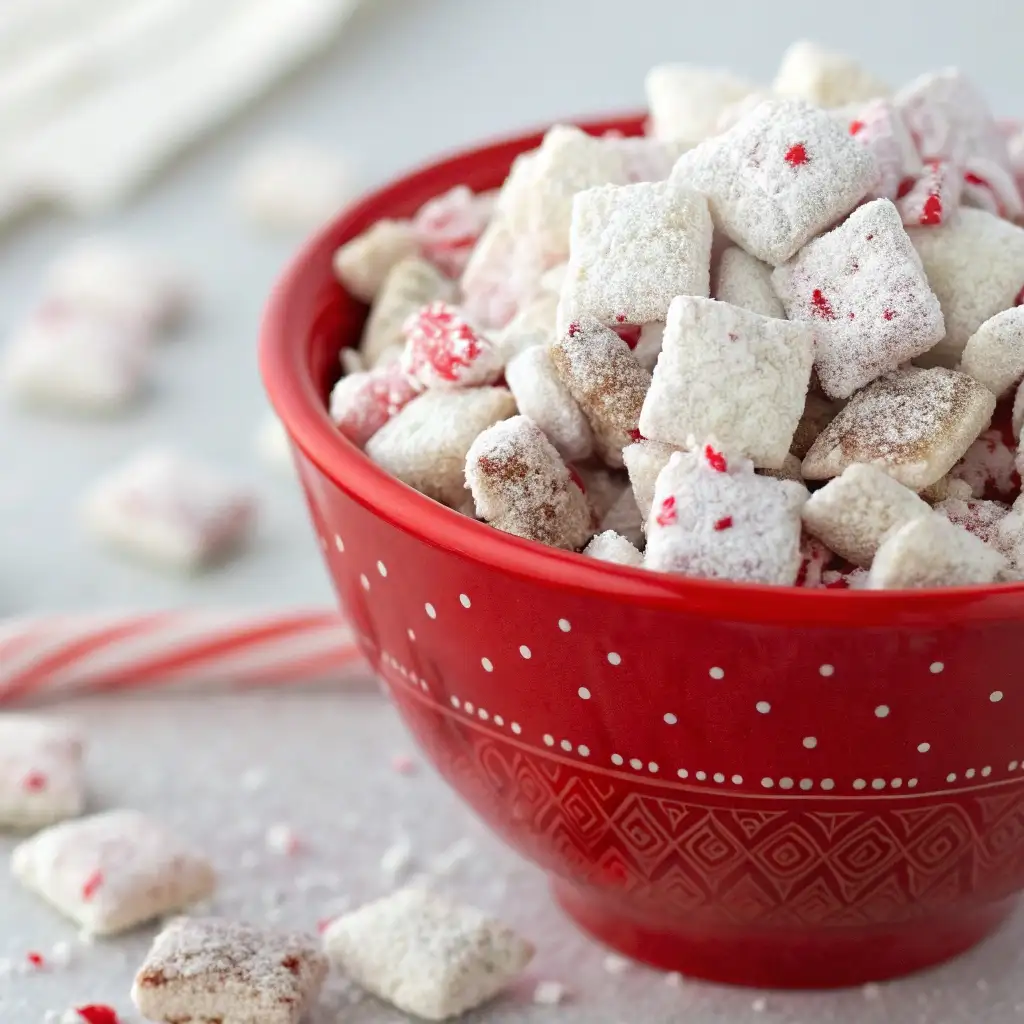 A 45-degree angle close-up shot of a bowl of Peppermint Puppy Chow, showing the sweet, salty, and festive texture.
