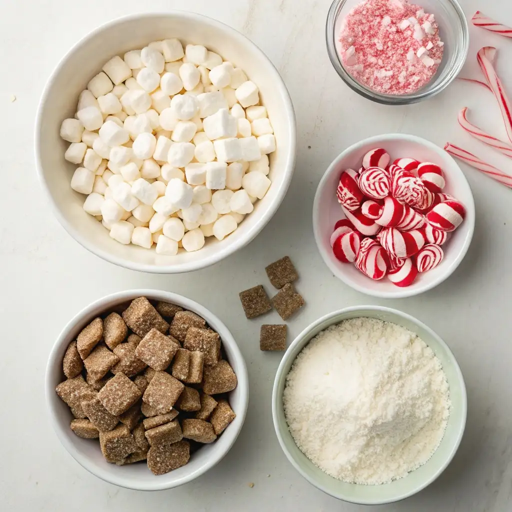 A flat lay of the 4 simple ingredients for Peppermint Puppy Chow: Chex cereal, white chocolate, crushed candy canes, and powdered sugar.